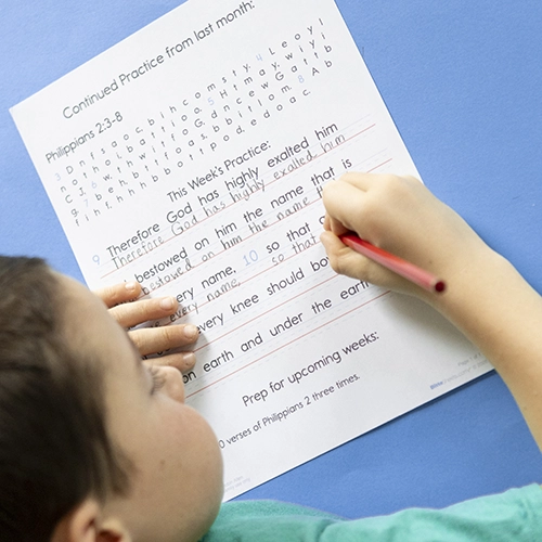 Advanced sheet builder page combining a review section, this week's copywork practice, and prep for upcoming weeks
