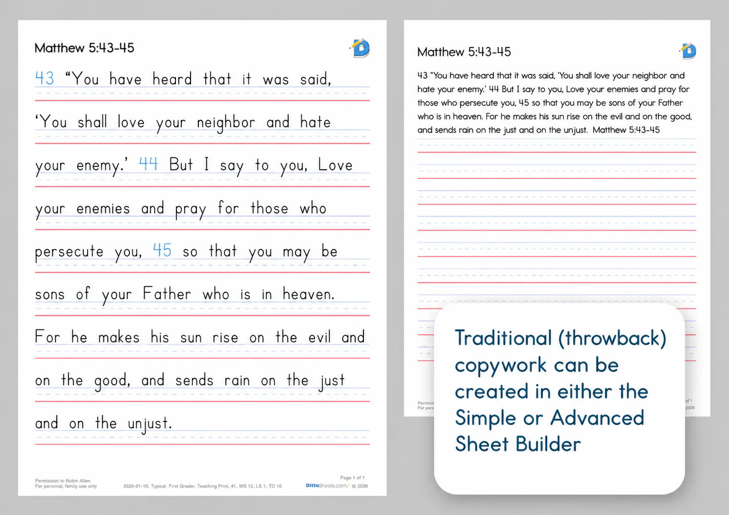 A modern DittoSheet: copywork made in DittoSheets