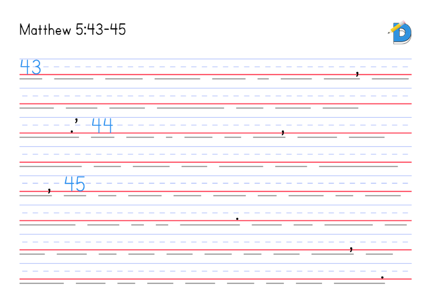 Memory lines worksheet for Matthew 5:43-45 showing only the verse numbers and punctuation