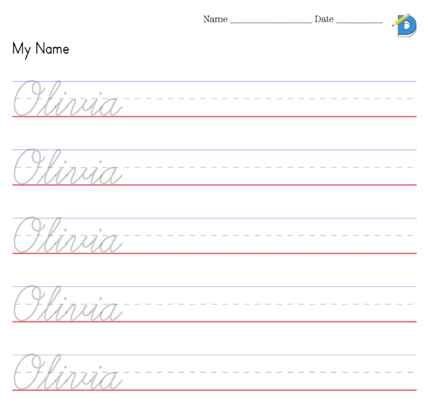Cursive name tracing worksheet, the name Olivia in gray traceable cursive letters