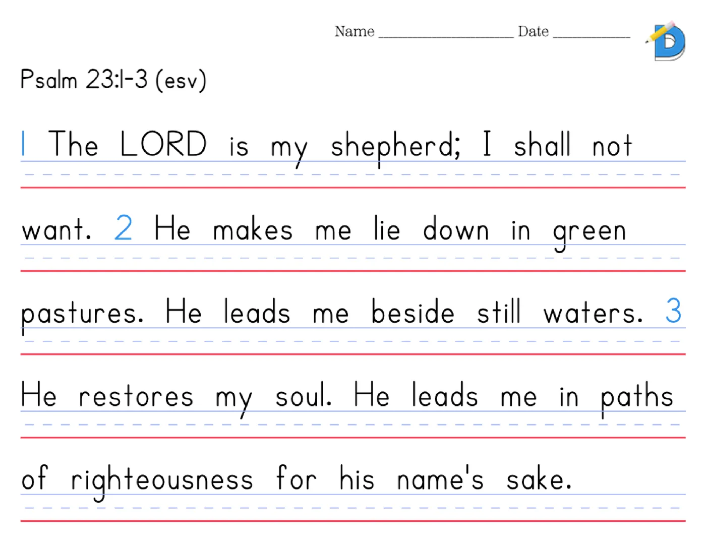 Psalm 23:1-3 copywork in Teaching Print with blue verse numbers