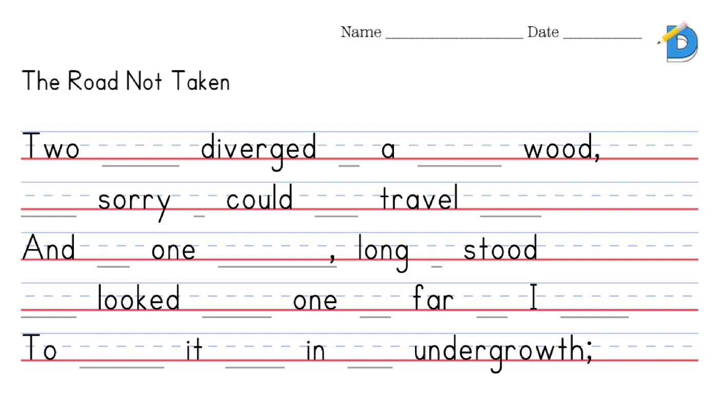 The Road Not Taken first stanza with every other word blanked