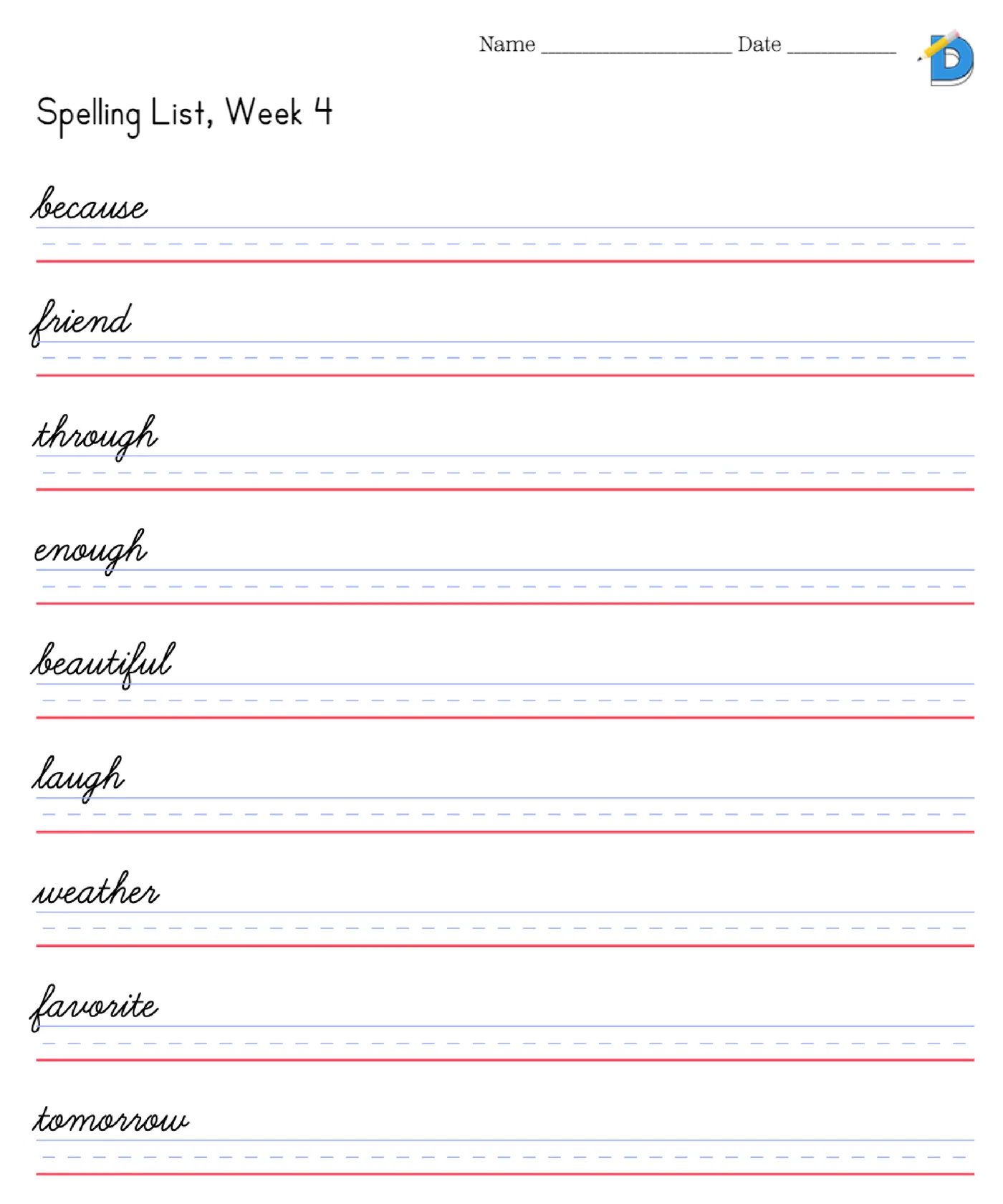 Spelling copywork worksheet with the same ten words in cursive on handwriting lines