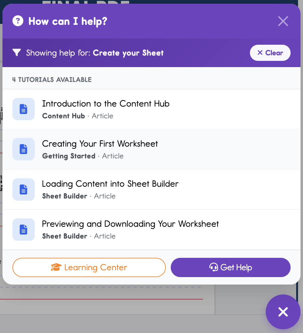 Screenshot of the help center pop up that appears when clicking on the help icons