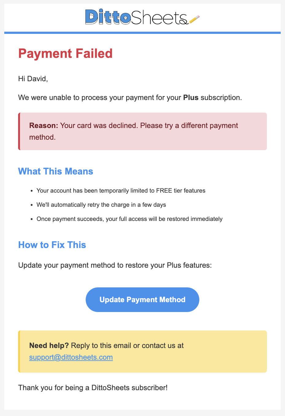 DittoSheets payment failed example email