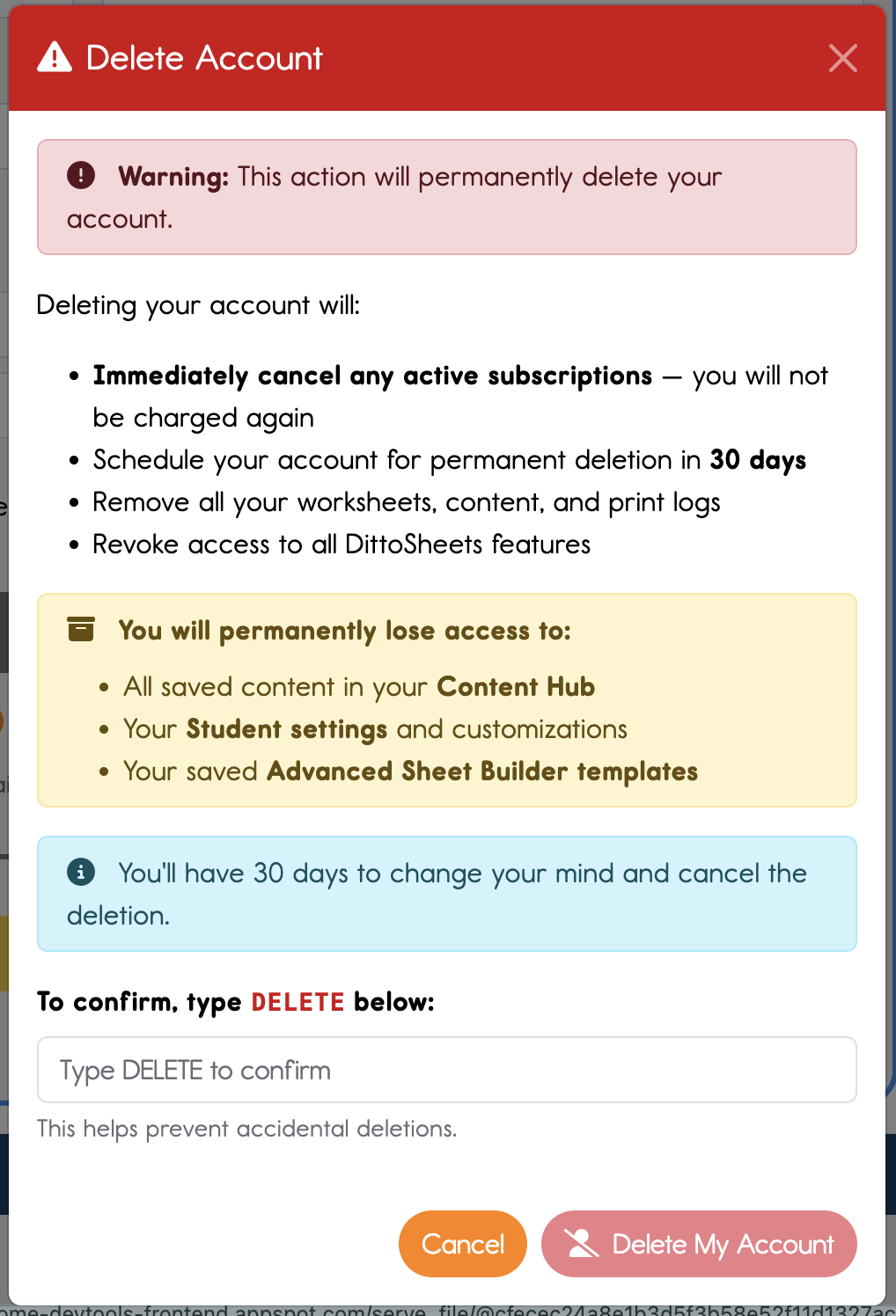 screenshot of delete account popup