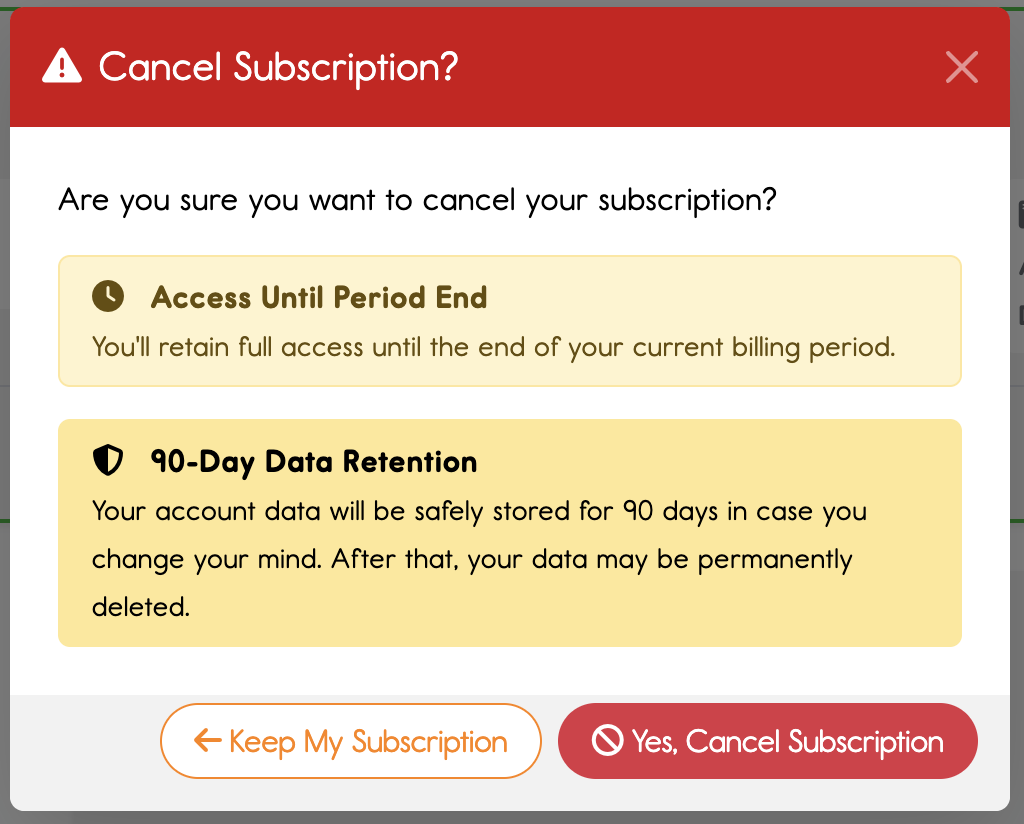 screenshot of account cancellation popup