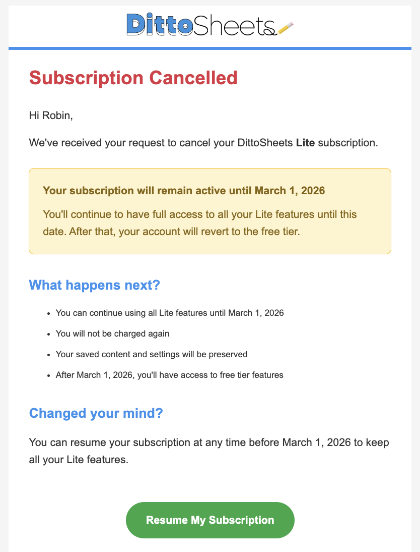 screenshot of subscription cancellation email