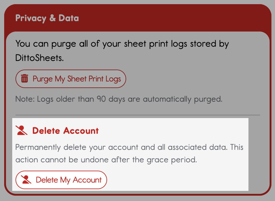 Screenshot of where to find the "Delete my Account" button