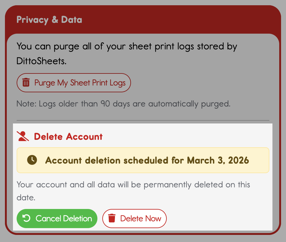 Screenshot of how to "Delete now" or "cancel deletion" of account