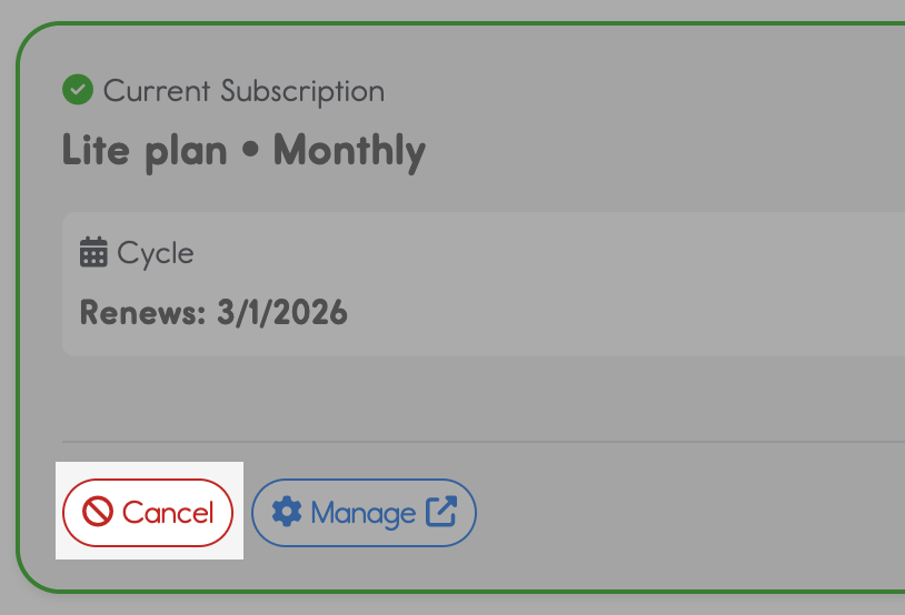 screenshot of where to find the cancel button in the subscription page