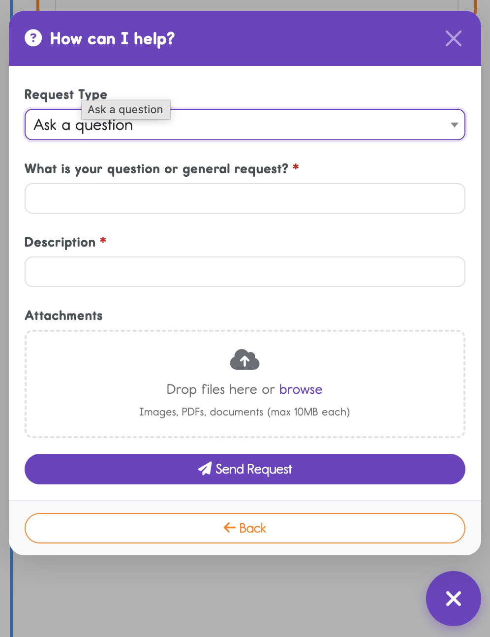 support request example from help center