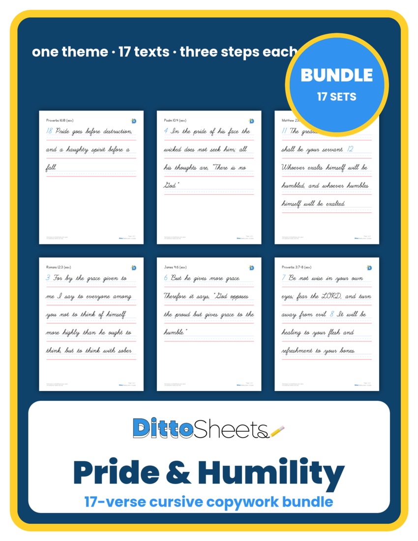 Pride & Humility Cursive Copywork Bundle printable worksheet preview