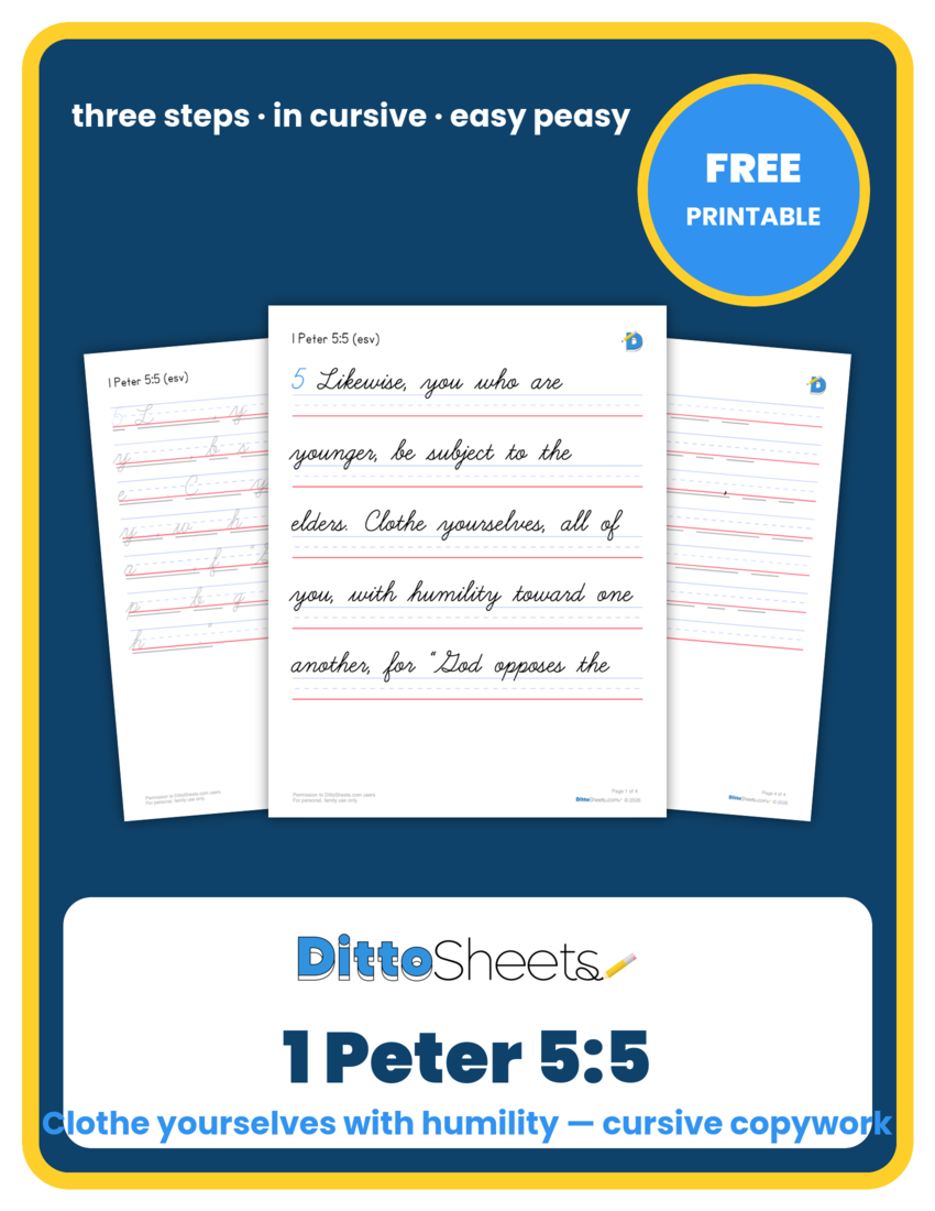 Preview of the 1 Peter 5:5 Cursive Copywork printable worksheet
