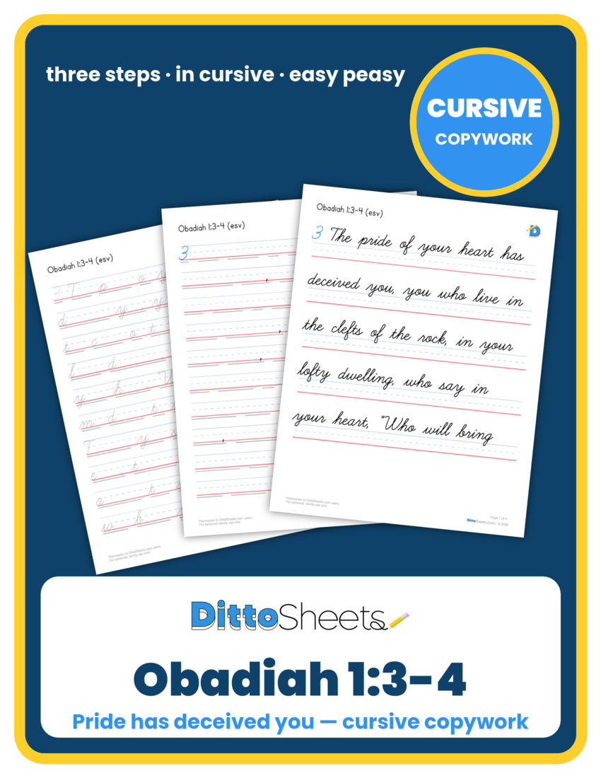 Preview of the Obadiah 1:3-4 Cursive Copywork printable worksheet