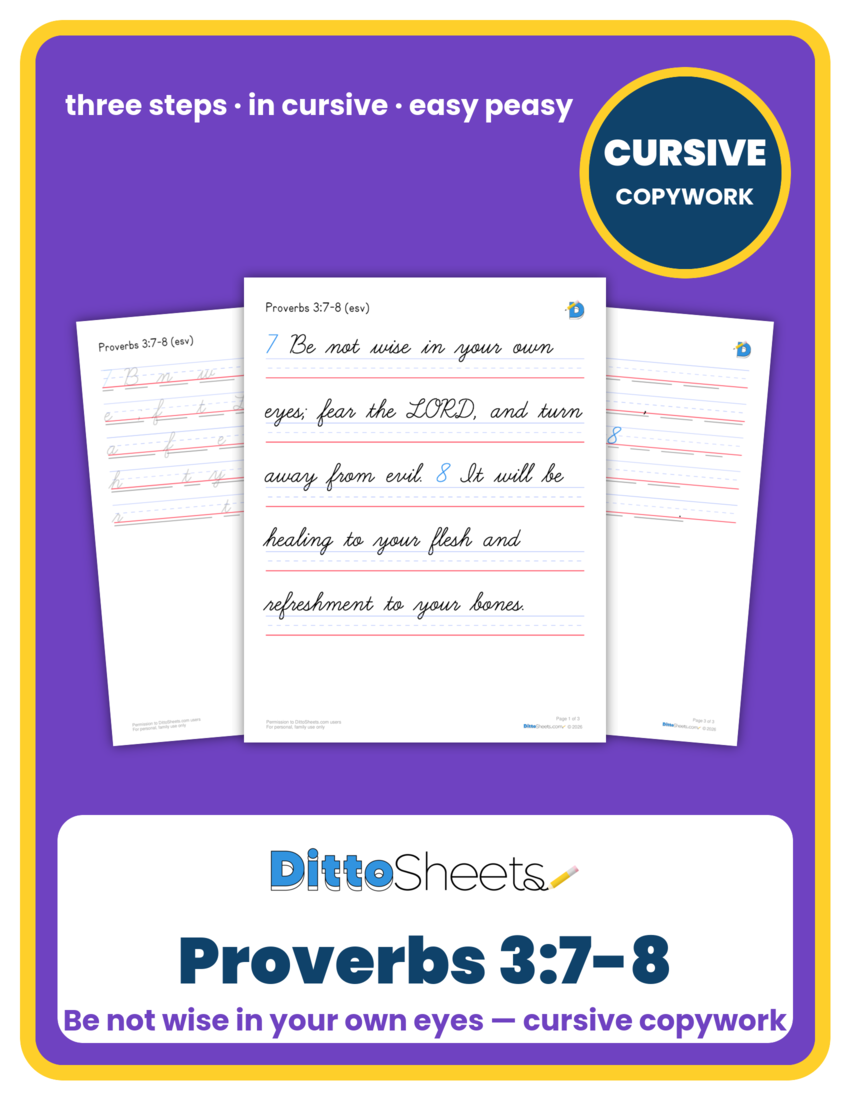 Preview of the Proverbs 3:7-8 Cursive Copywork printable worksheet