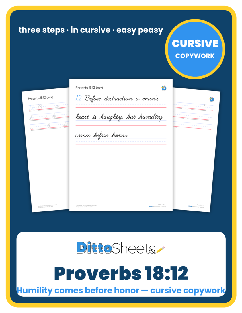 Preview of the Proverbs 18:12 Cursive Copywork printable worksheet