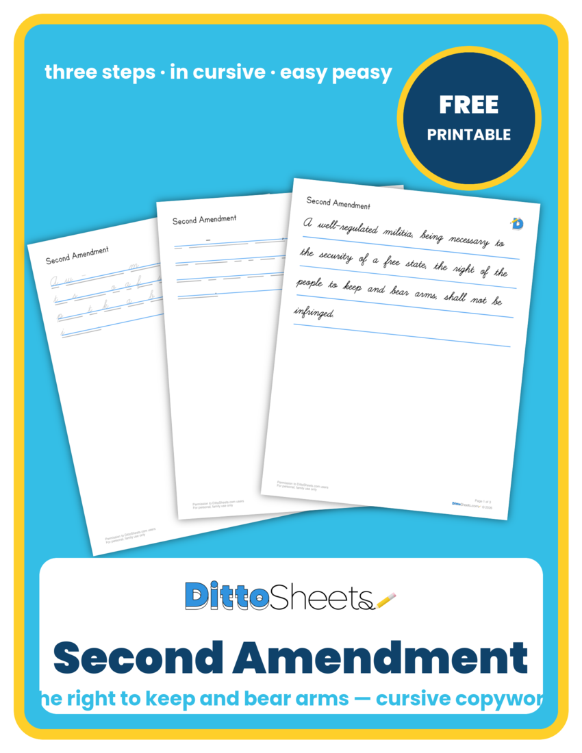 Preview of the Second Amendment Cursive Copywork printable worksheet
