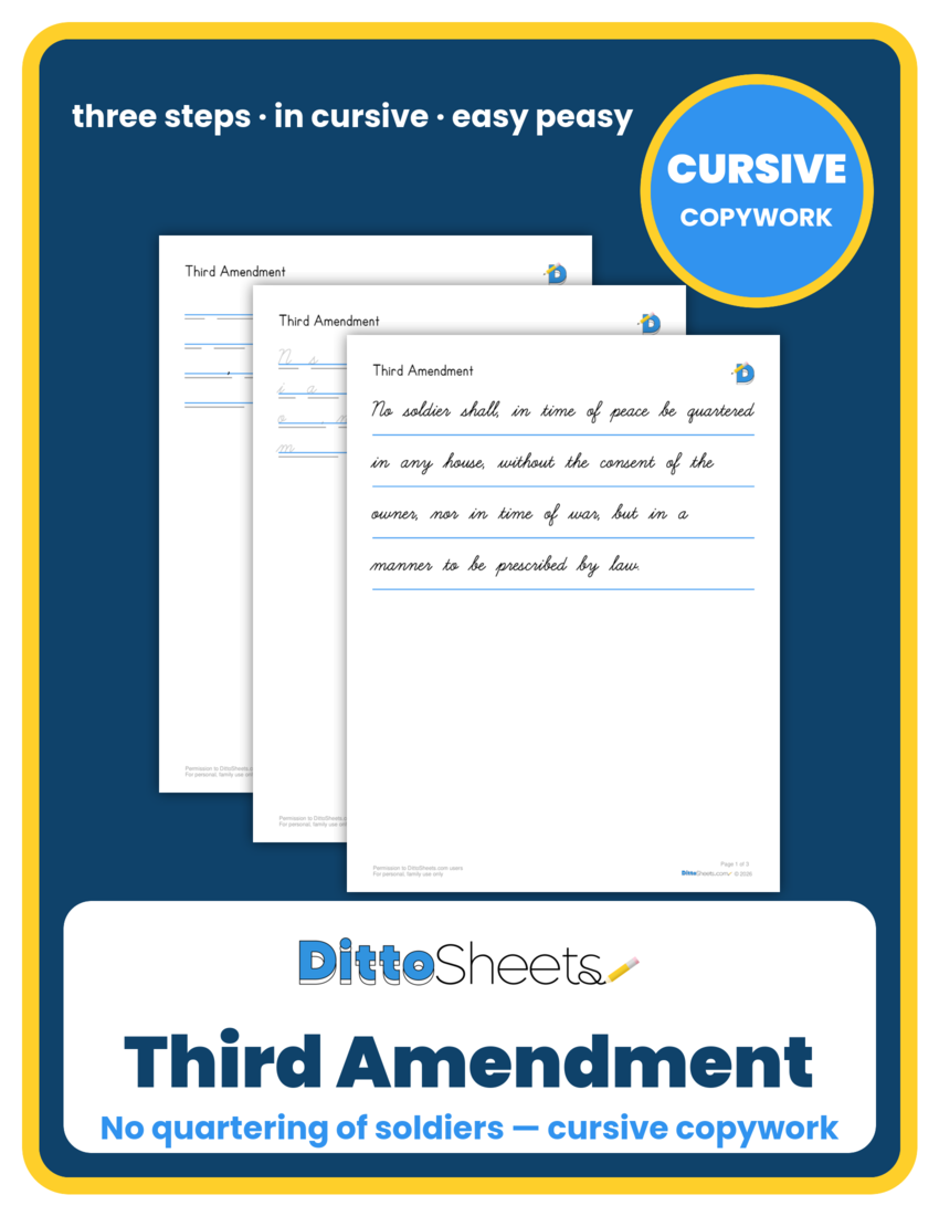 Preview of the Third Amendment Cursive Copywork printable worksheet