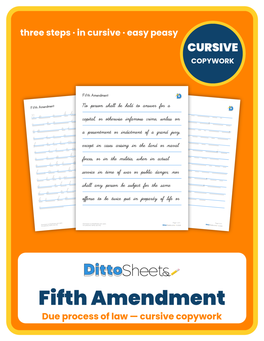 Preview of the Fifth Amendment Cursive Copywork printable worksheet