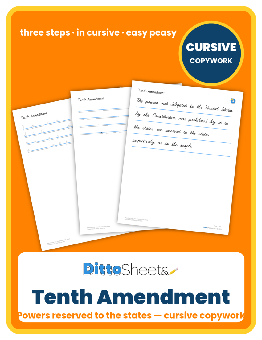 Preview of the Tenth Amendment Cursive Copywork printable worksheet