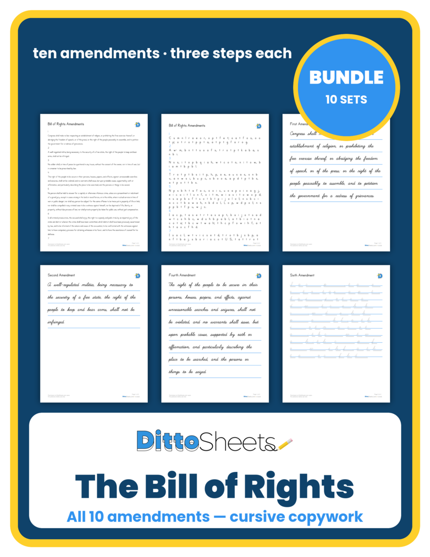 The Bill of Rights Cursive Copywork Bundle printable worksheet preview