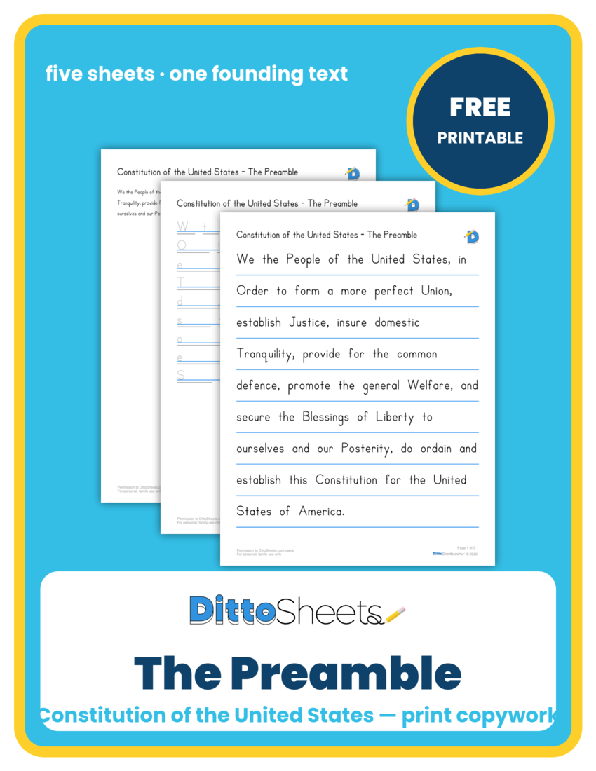 The Preamble to the Constitution Copywork printable worksheet preview