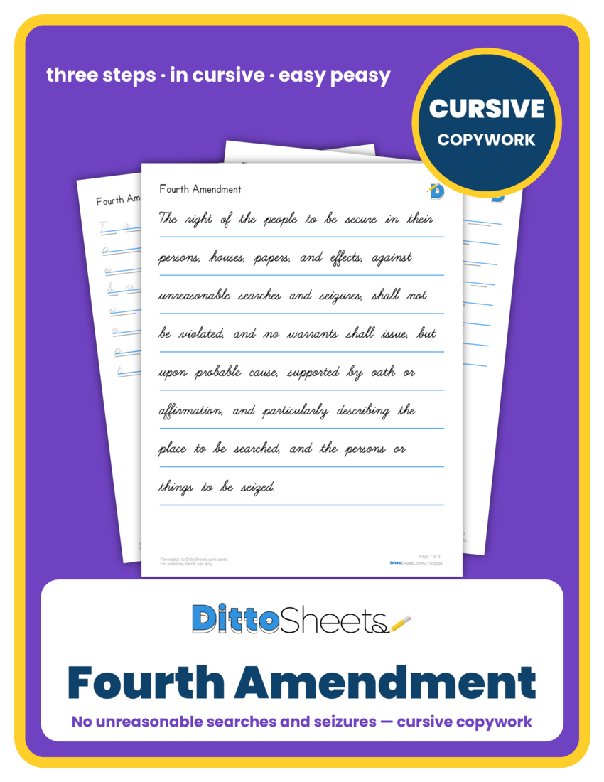Preview of the Fourth Amendment Cursive Copywork printable worksheet
