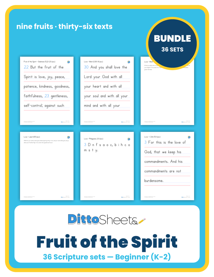 Fruit of the Spirit Copywork Bundle — Beginner (K-2) printable worksheet preview