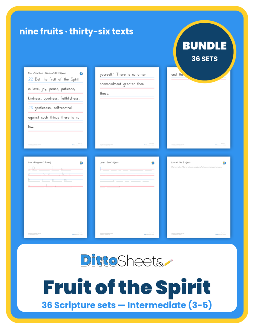Fruit of the Spirit Copywork Bundle — Intermediate (3-5) printable worksheet preview