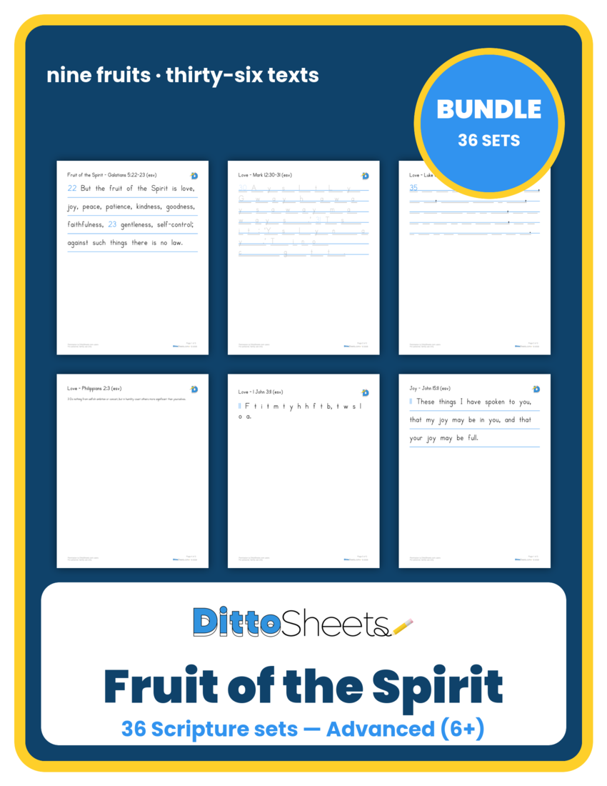 Fruit of the Spirit Copywork Bundle — Advanced (6+) printable worksheet preview