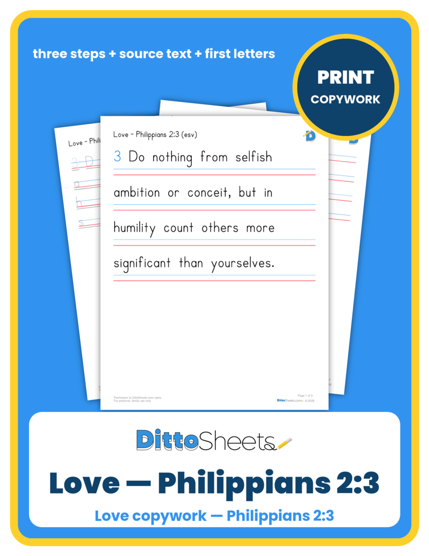 Preview of the Love — Philippians 2:3 Copywork printable worksheet