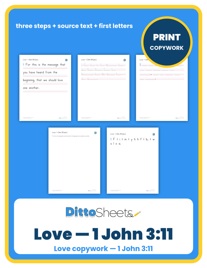 Preview of the Love — 1 John 3:11 Copywork printable worksheet