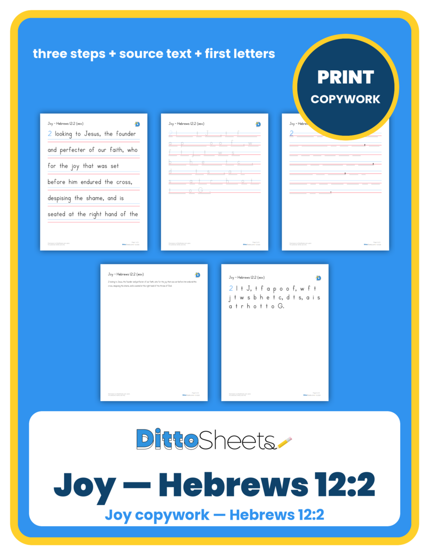 Preview of the Joy — Hebrews 12:2 Copywork printable worksheet