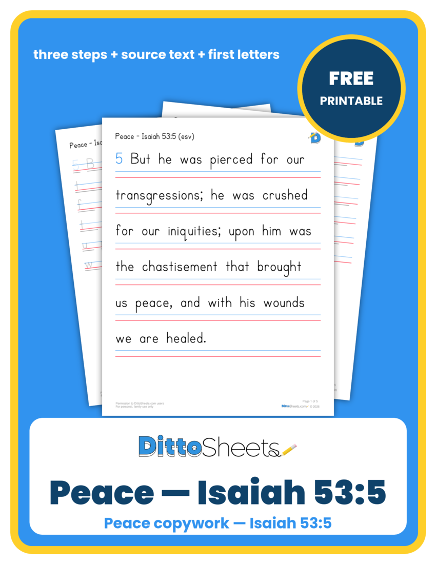 Preview of the Peace — Isaiah 53:5 Copywork printable worksheet