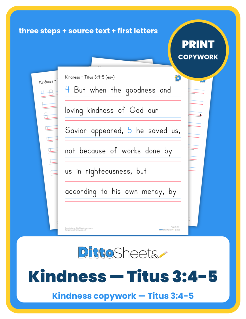 Preview of the Kindness — Titus 3:4-5 Copywork printable worksheet