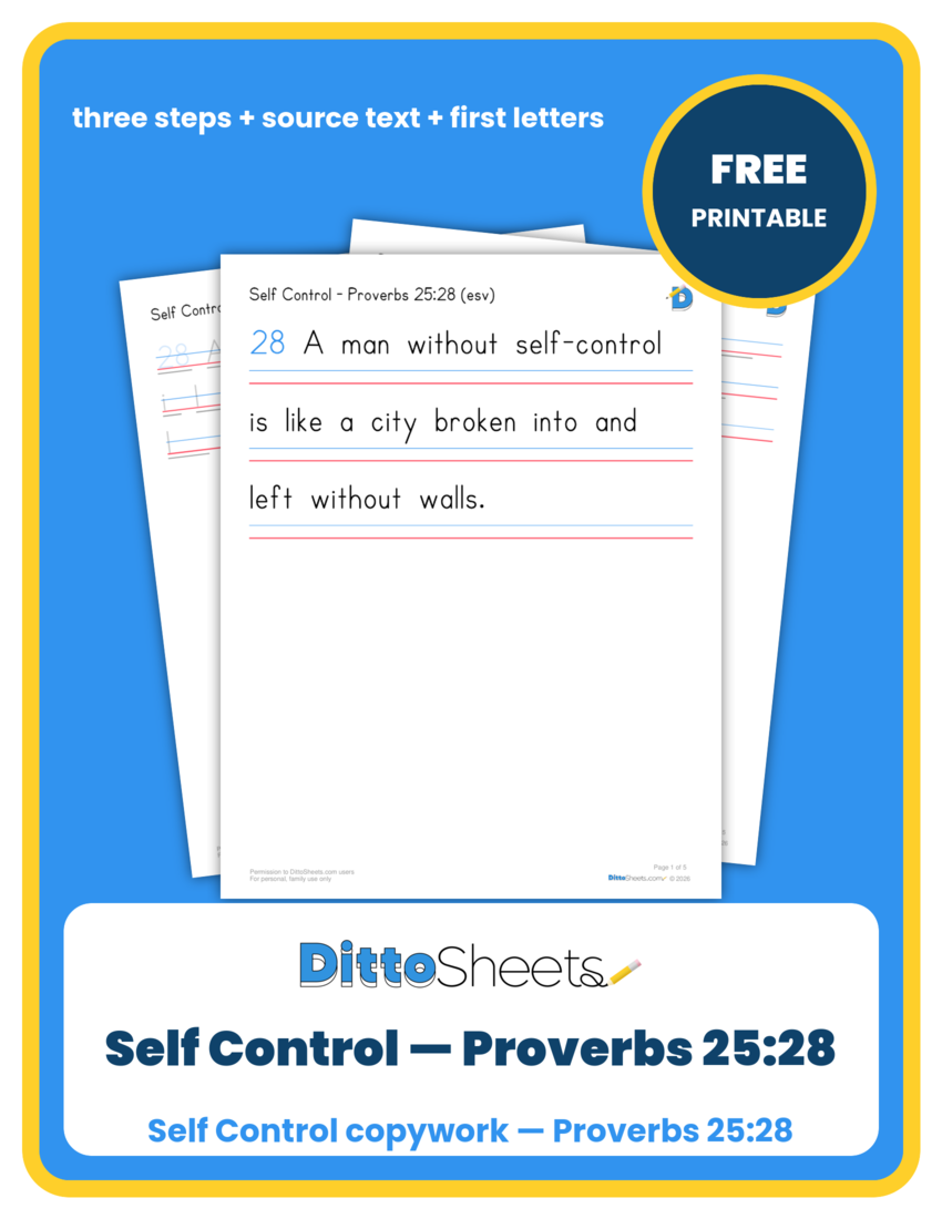 Preview of the Self Control — Proverbs 25:28 Copywork printable worksheet