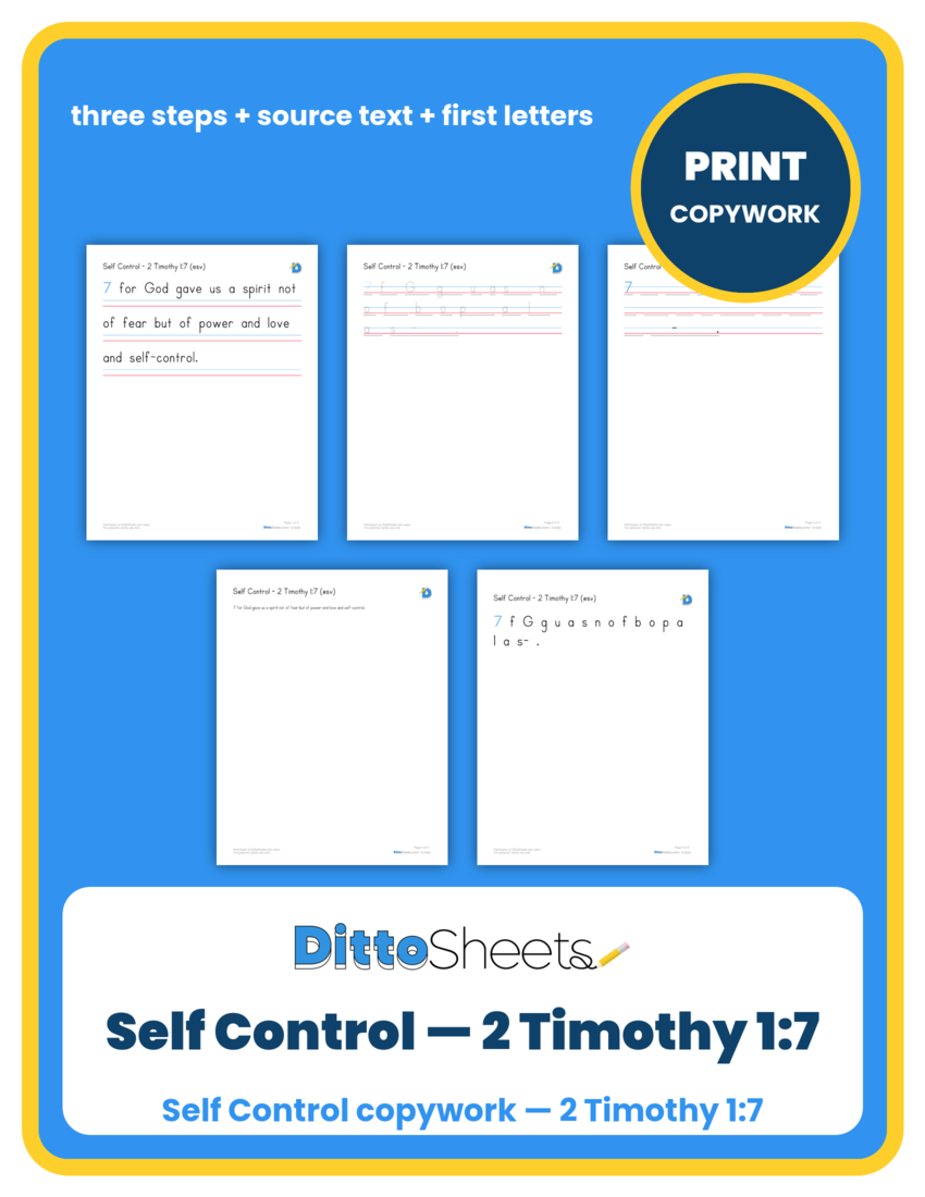 Preview of the Self Control — 2 Timothy 1:7 Copywork printable worksheet