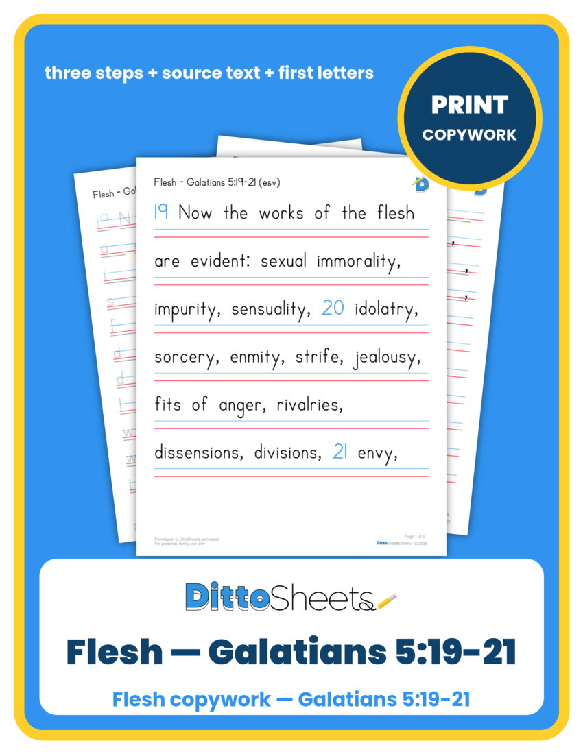 Preview of the Flesh — Galatians 5:19-21 Copywork printable worksheet