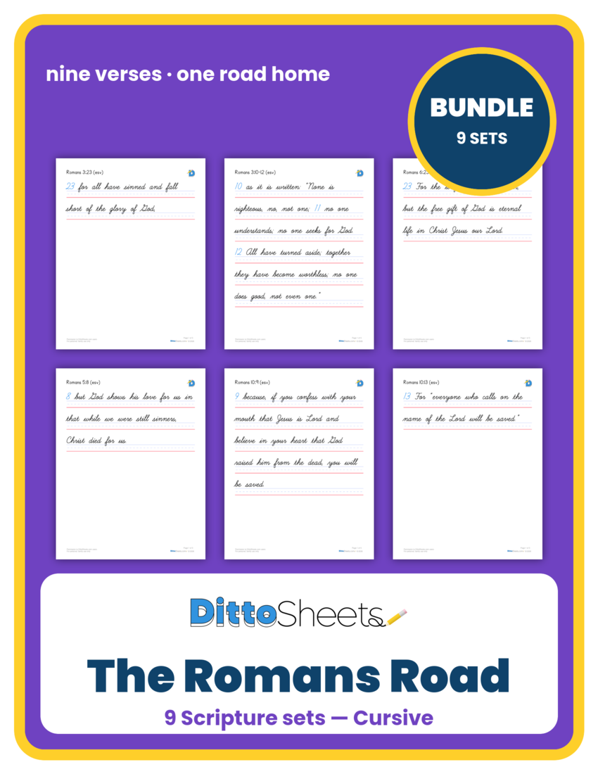 The Romans Road Copywork Bundle — Cursive printable worksheet preview
