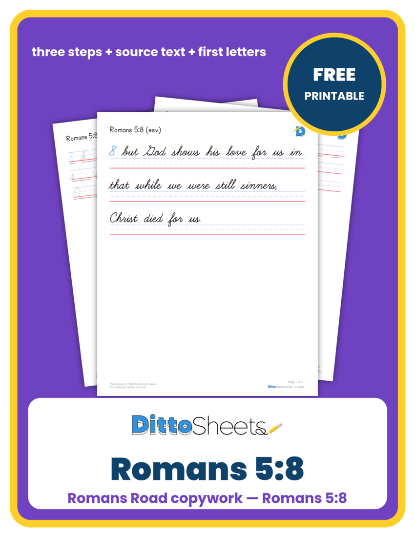 Preview of the Romans 5:8 Copywork printable worksheet