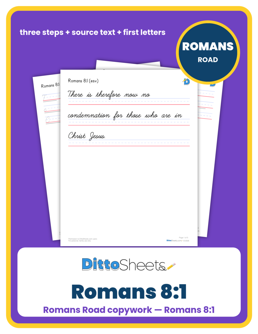 Preview of the Romans 8:1 Copywork printable worksheet