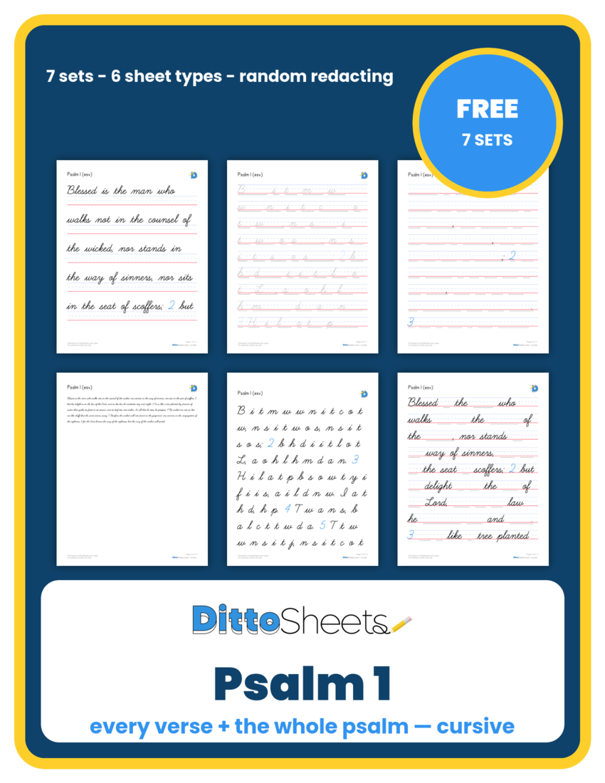 Psalm 1 Copywork Bundle — Cursive printable worksheet preview