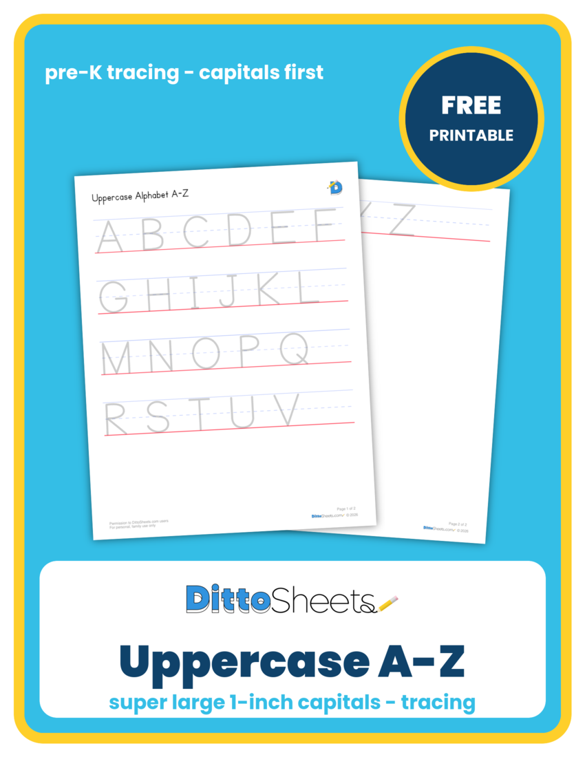 Uppercase Alphabet Tracing (A–Z) printable worksheet preview