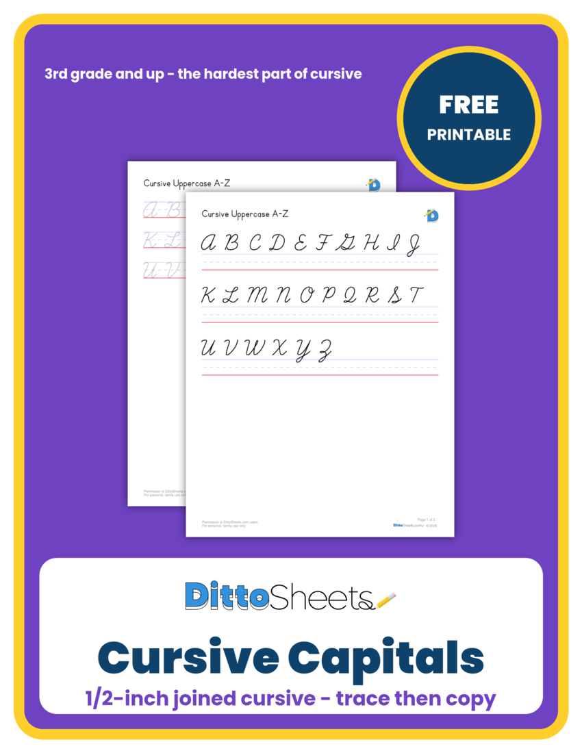 Cursive Uppercase Alphabet (A–Z) printable worksheet preview