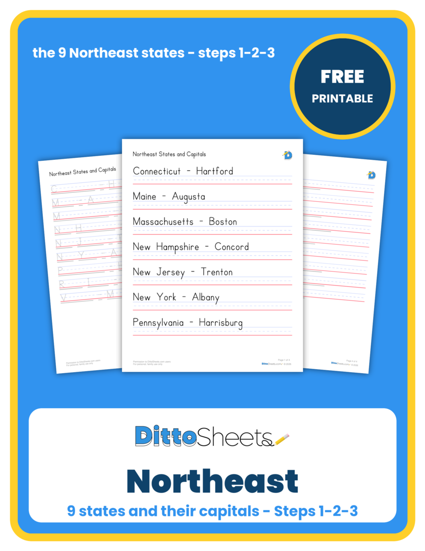 Northeast States & Capitals Copywork printable worksheet preview