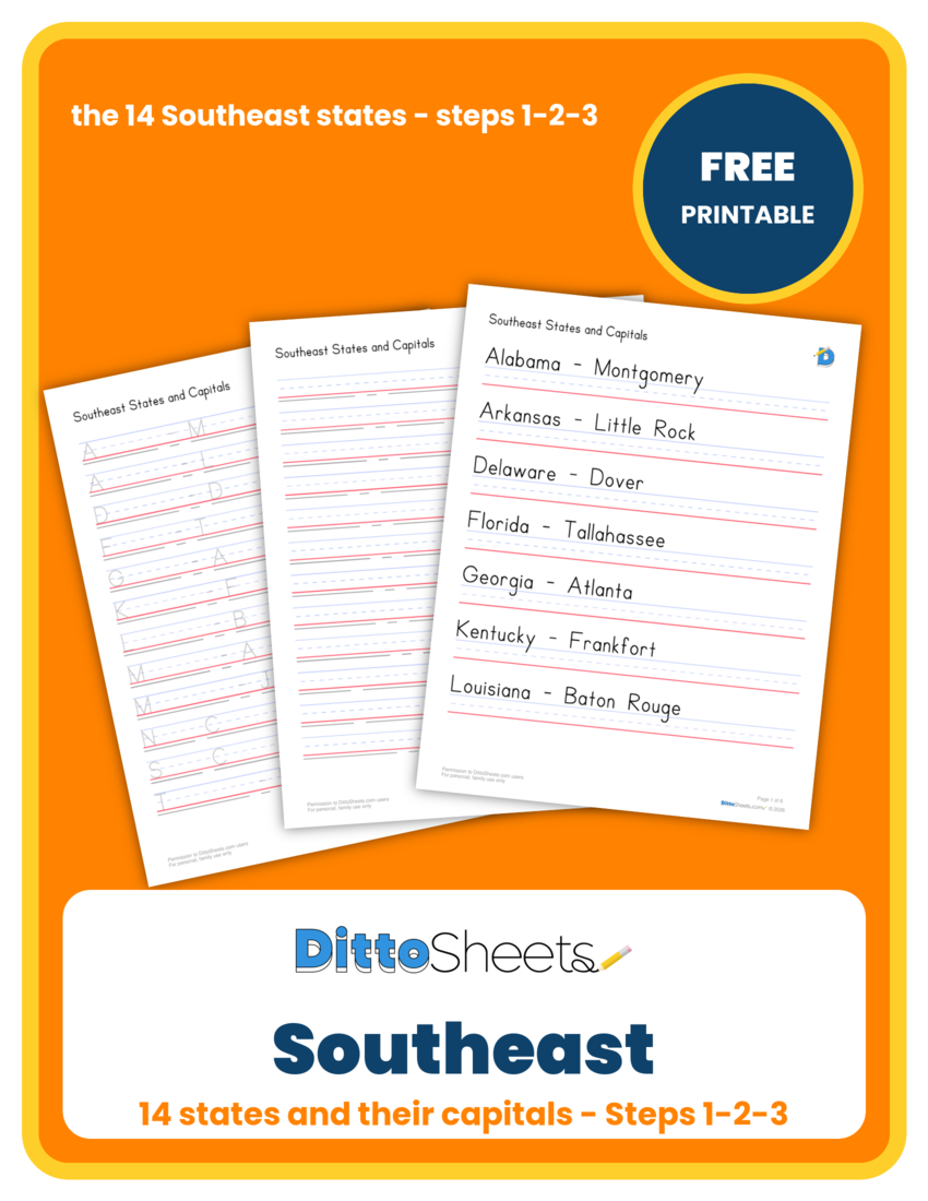Southeast States & Capitals Copywork printable worksheet preview
