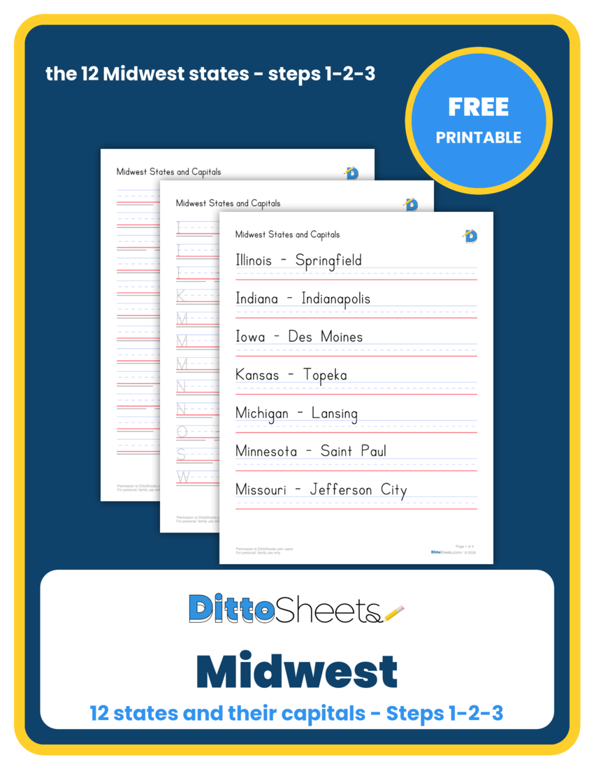 Midwest States & Capitals Copywork printable worksheet preview