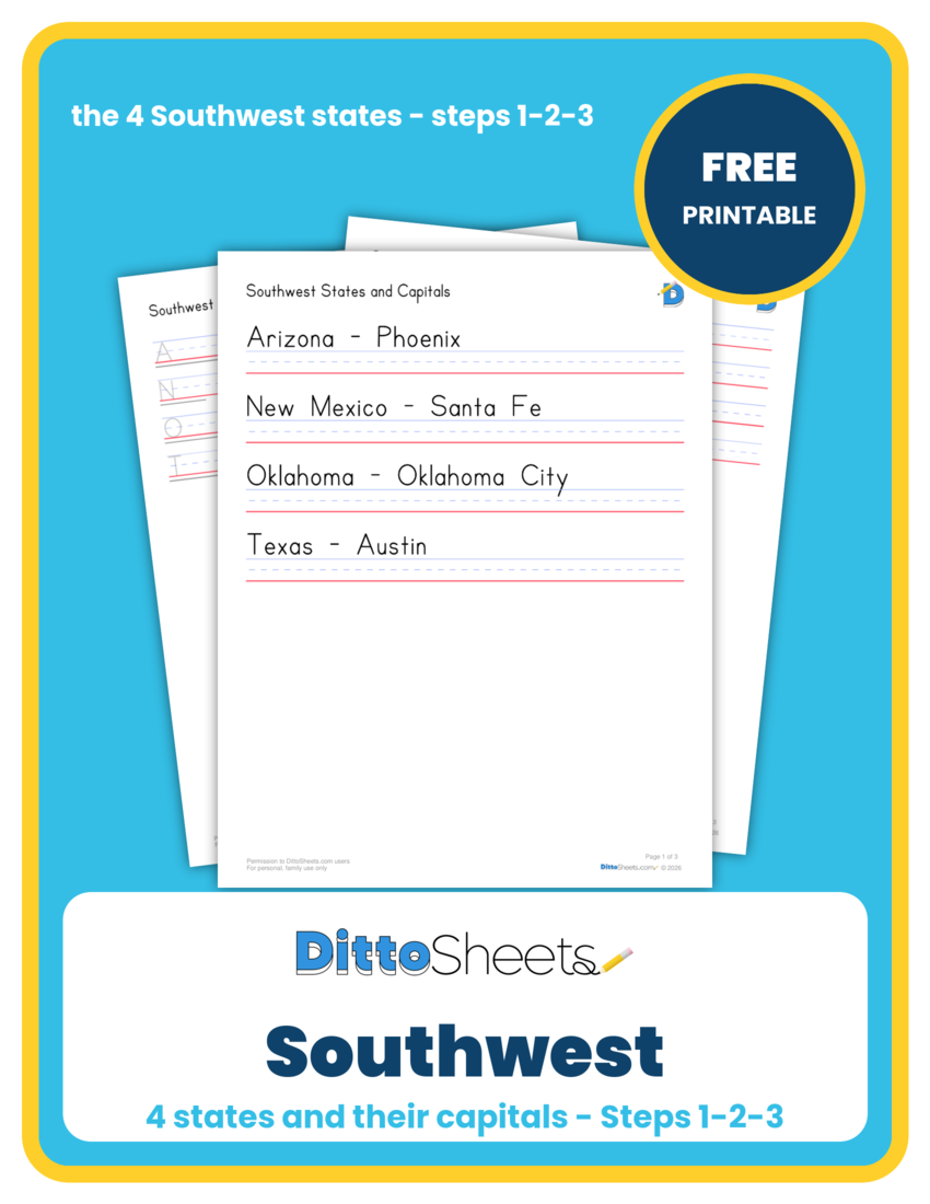 Southwest States & Capitals Copywork printable worksheet preview