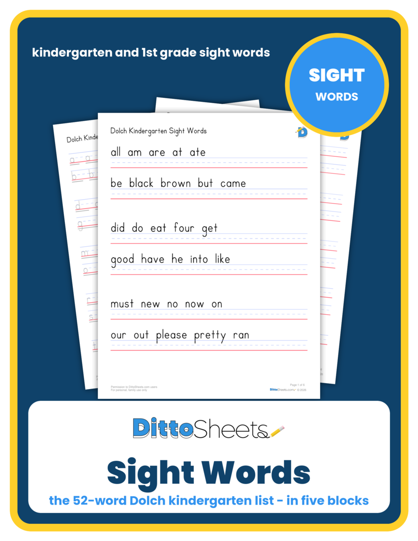 Sight Words: Dolch Kindergarten List (52 Words) printable worksheet preview